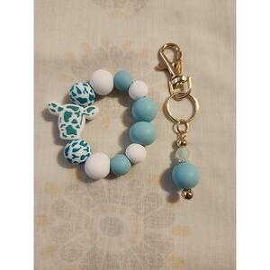 Cup Charm & Small Key Chain Matching Combo Blue Cow Print Silicone Beads
